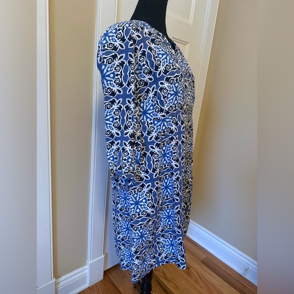 Boden 100% Linen Shift Dress Blue White Geometric Print 3/4 Sleeve Womens Sz 12R - Picture 2 of 13